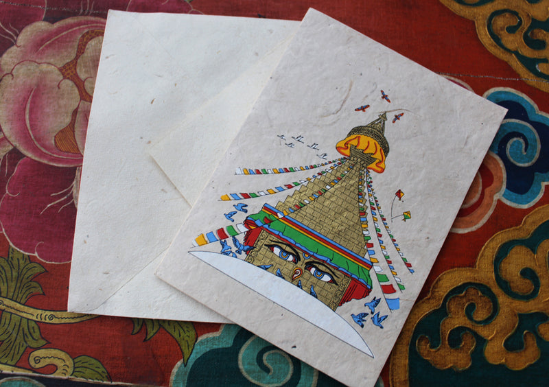 Buddha Stupa Painted Handmade Nepalese Lokta Paper Greeting Card - nepacrafts