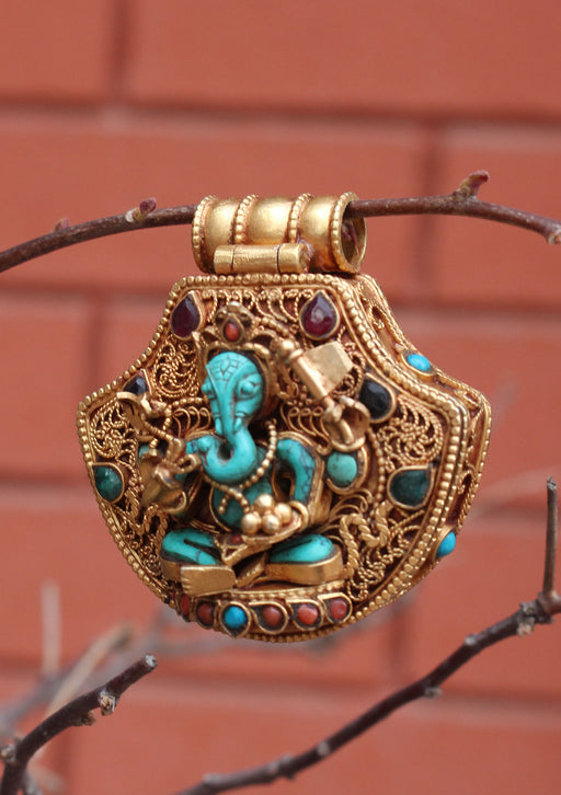 Goldplated Silver Sterling Ganesh Ghau Pendant with Semi Precious Stones - nepacrafts