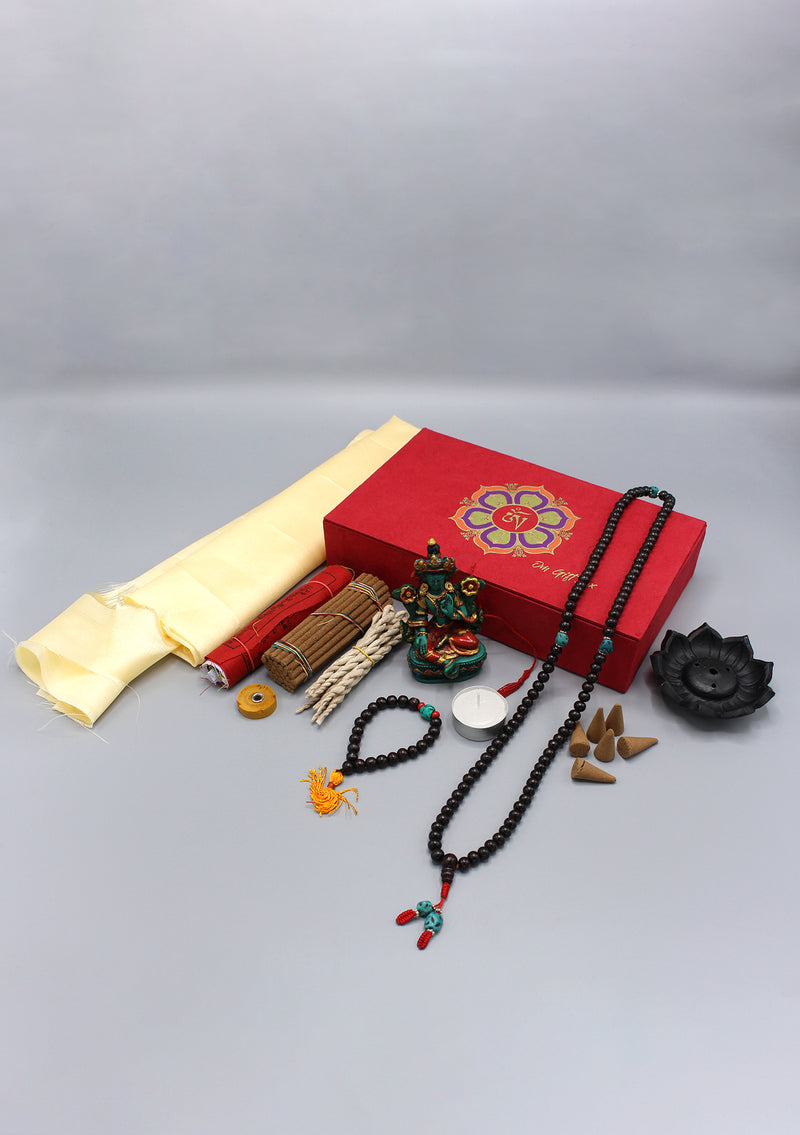 Green Tara Statue, Mala and Incense Buddhist Om Mani Gift Box