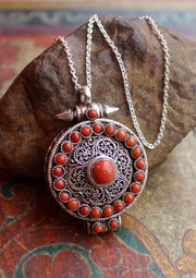 Silver Sterling Ghau Mantra Box Pendant with Coral Inlaid - nepacrafts