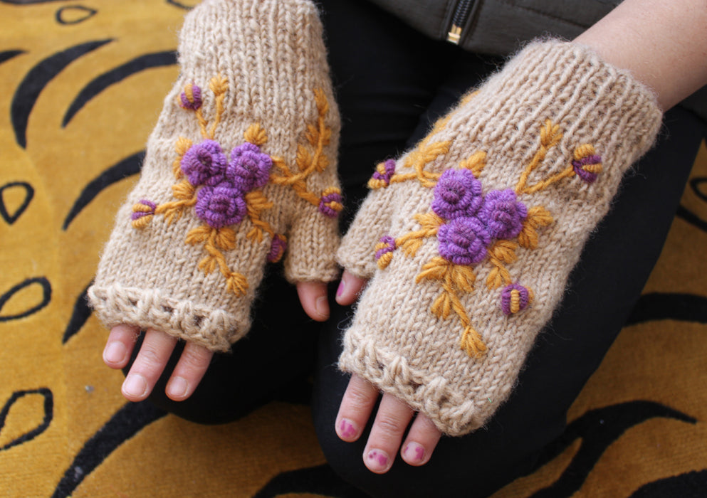 Hand Knit Cream Color with Purple Flower Patchwork Hand Warmers