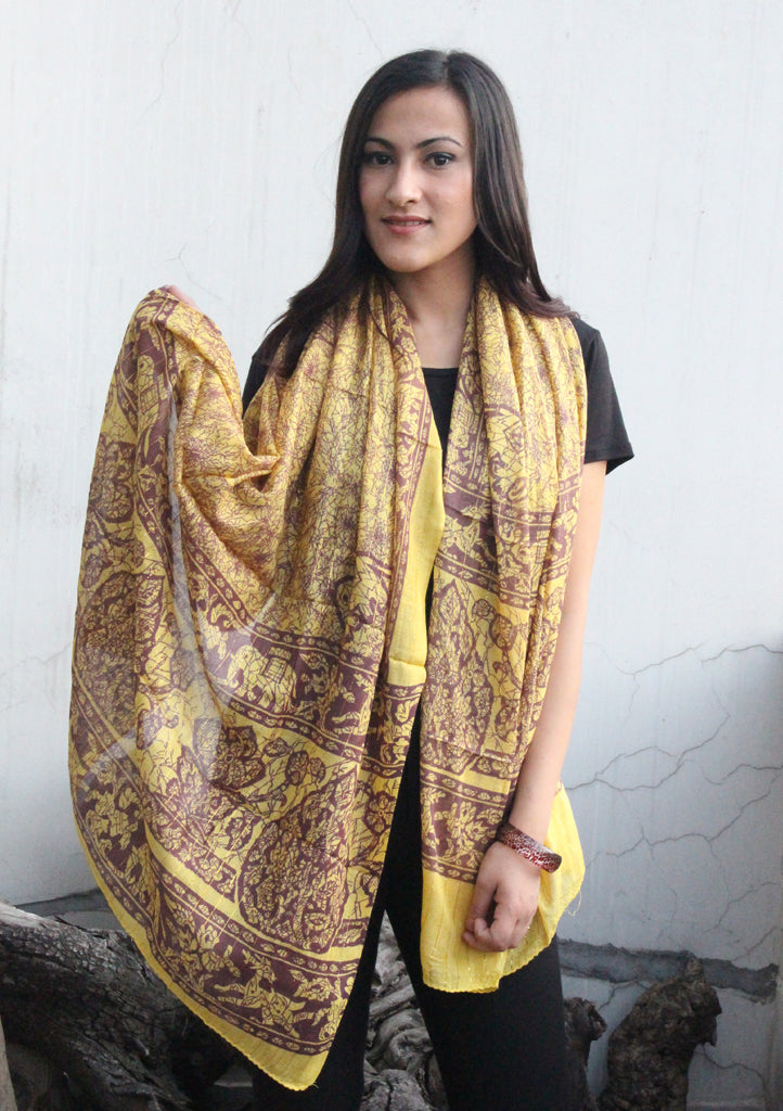 Yellow and Marron Cotton Summer Scarf with Flower Print - nepacrafts