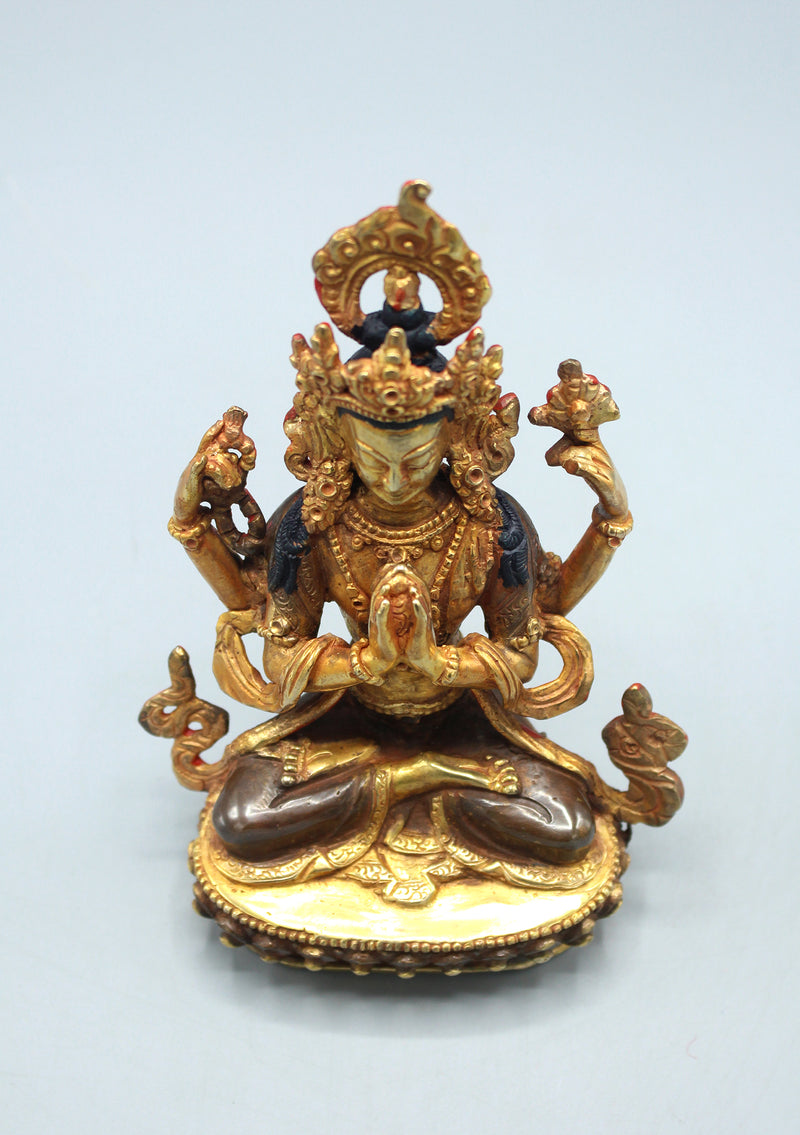 Partly Gold Plated Four Armed Chenrezig Statue 6.5"