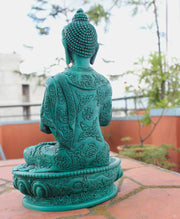 Turquoise Toned Floral Motifs Carved Vairochana Buddha Resin Statue 7 inch High - nepacrafts