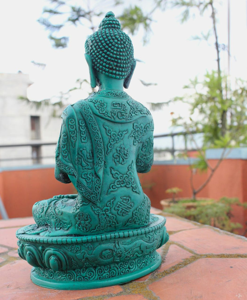 Turquoise Toned Floral Motifs Carved Vairochana Buddha Resin Statue 7 inch High - nepacrafts