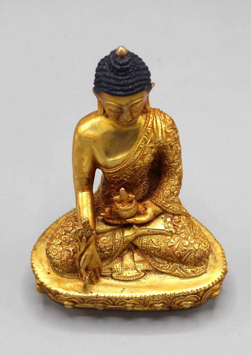 Fully Gold Plated Medicine Buddha Statue - Lotus, Flower carved