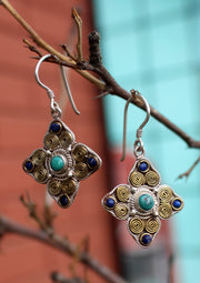 Tibetan Double Dorjee Silver Earrings Inlaid Turquoise and Lapis - nepacrafts