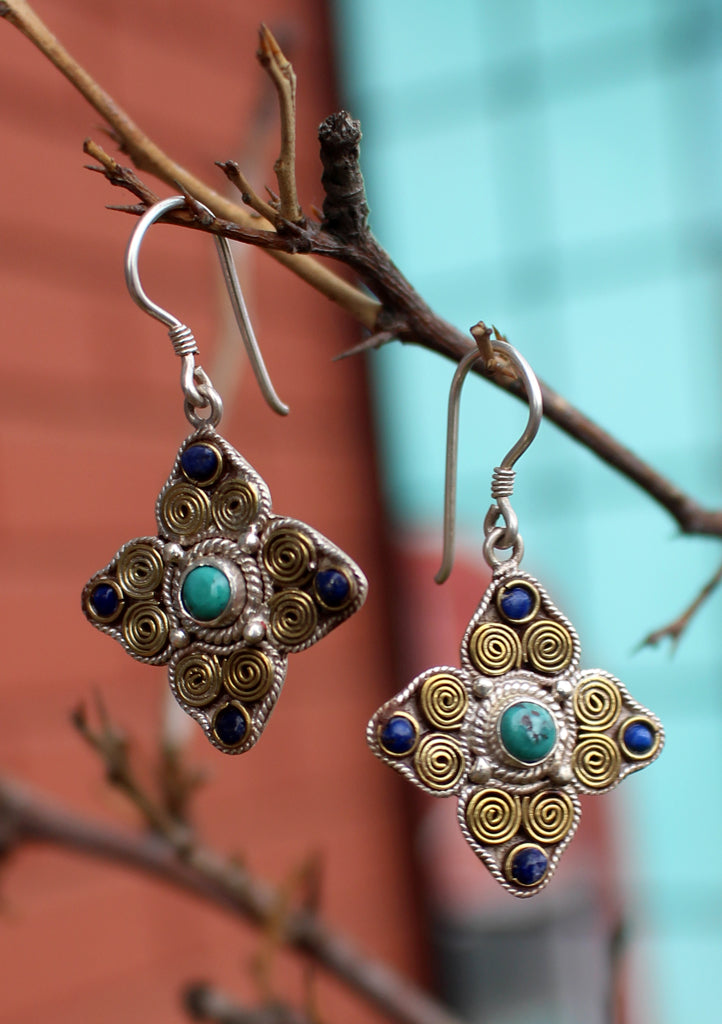 Tibetan Double Dorjee Silver Earrings Inlaid Turquoise and Lapis - nepacrafts
