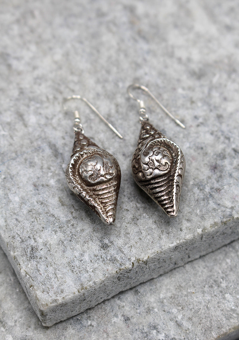 Tibetan Lucky Symbol Conch Shaped Sterling Silver Earrings