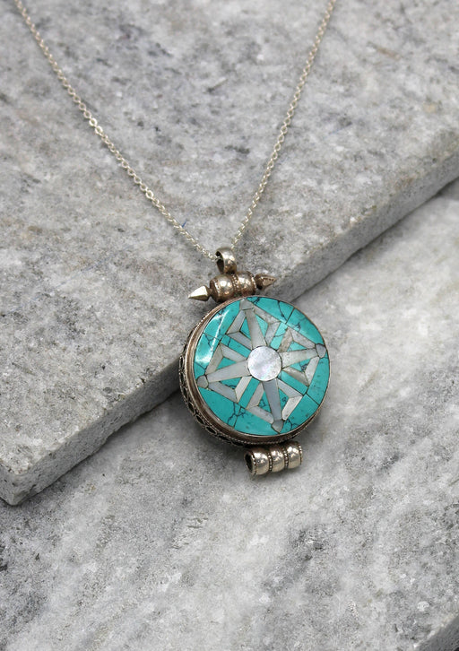 Turquoise Inlaid Double Dorjee Sterling Silver Ghau - nepacrafts