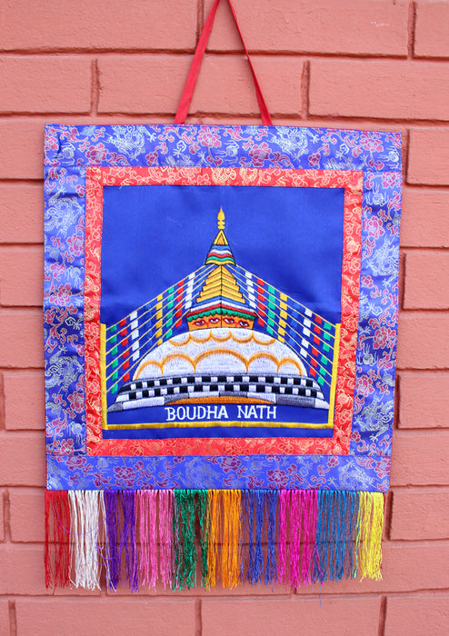 Finely Embroidered Bouddhanath StupaTibetan Wall Hanging Banner - nepacrafts