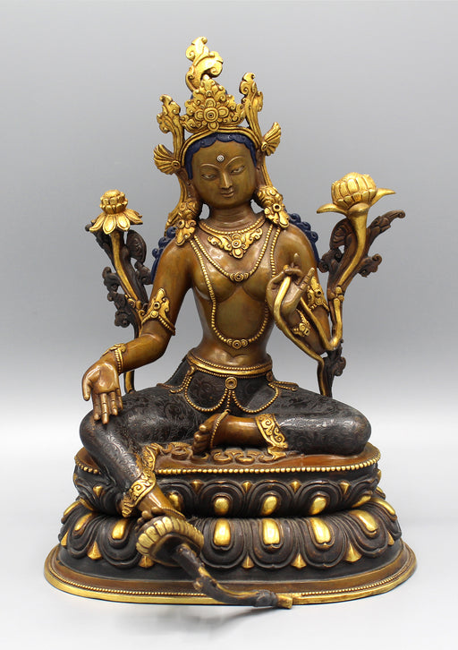 Green Tara Partly Gold Plated Statue - nepacrafts