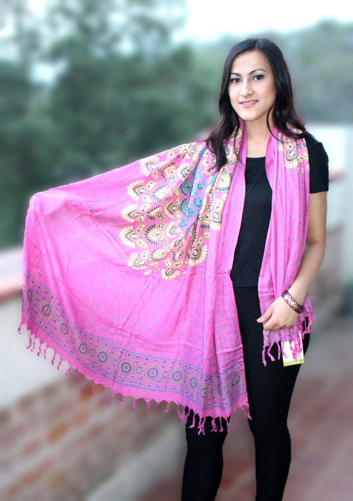 Pink Mandala Print Cotton Shawl/Scarf with Fringe - nepacrafts