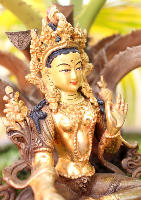 Exquisite Gold Plated Green Tara Statue 6" - nepacrafts