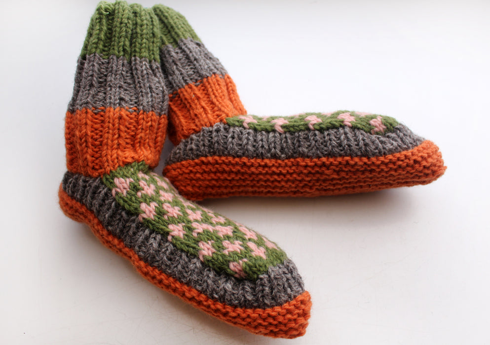 Green and Orange Multicolor Woolen Indoor Lined Hand Knitted Boot - nepacrafts