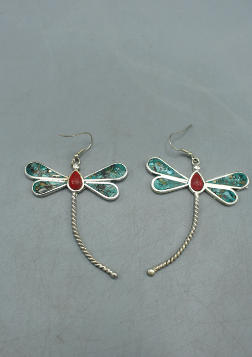 White Metal Coral and Turquoise Inlaid Dragonfly Earrings