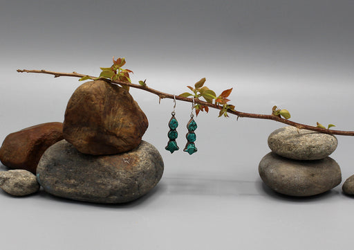 Turquoise Three Stone Inlaid Sterling Silver Drop Earrings - nepacrafts