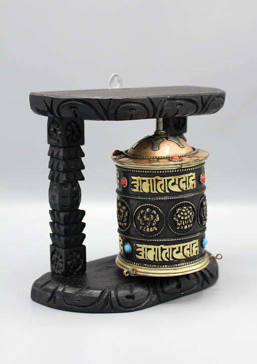 Tibetan Copper Prayer Wheel Wooden Framed Wall Hanging - nepacrafts