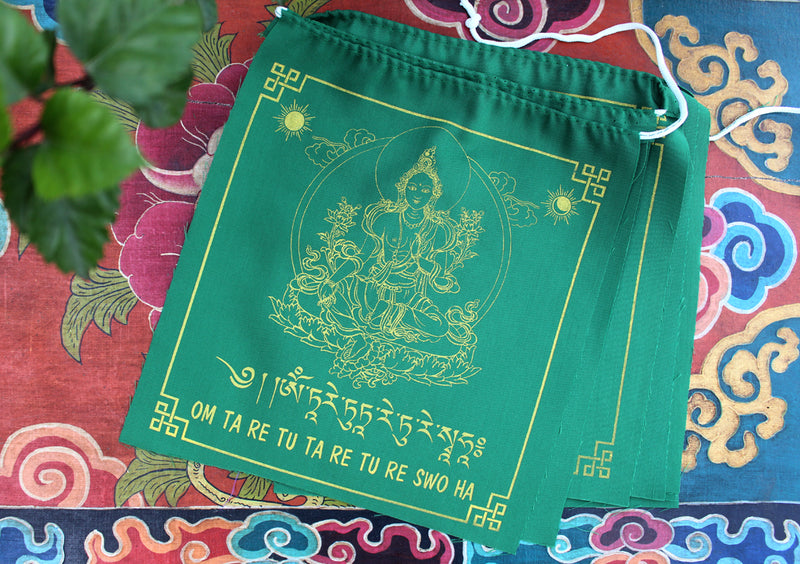 Green Tara Printed Tibetan Prayer Flag, All Green Cotton Prayer Flag - nepacrafts