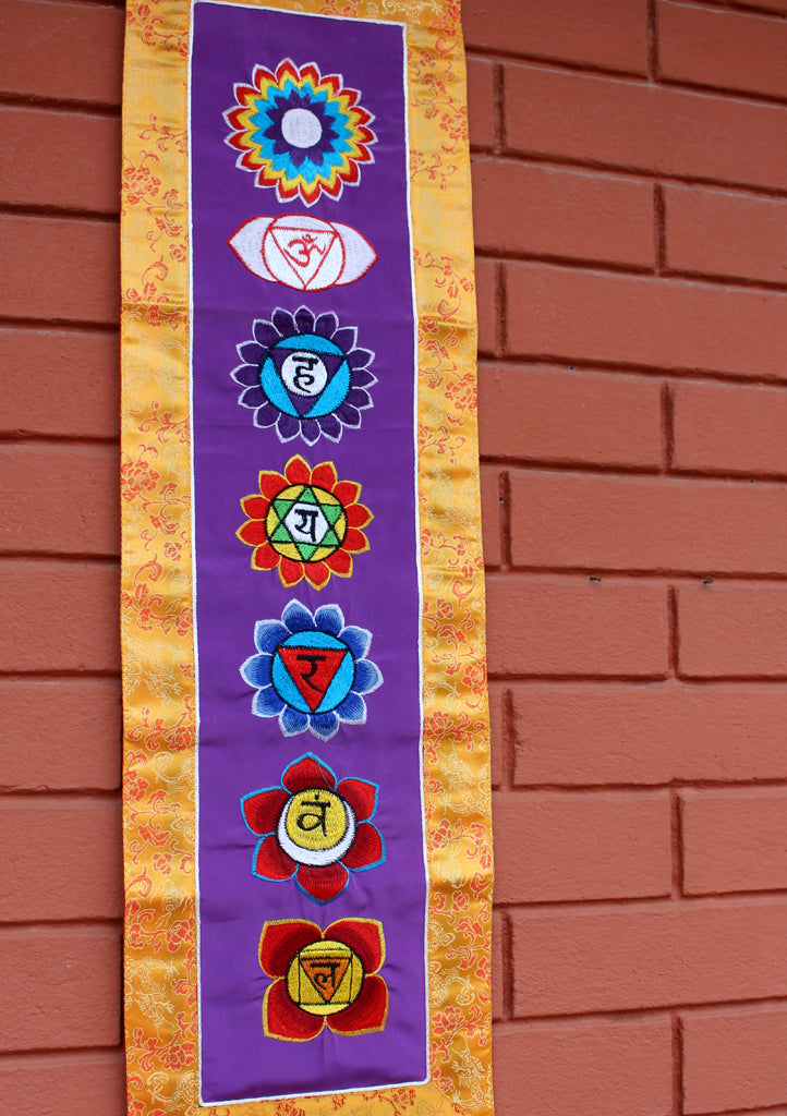 Seven Chakra Embroidered Purple Polyester Wall Hanging Banner - nepacrafts