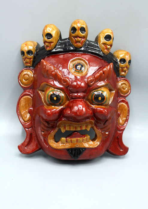 Handcarved and Painted Wooden Bhairav Wall Hanging Mask - Red