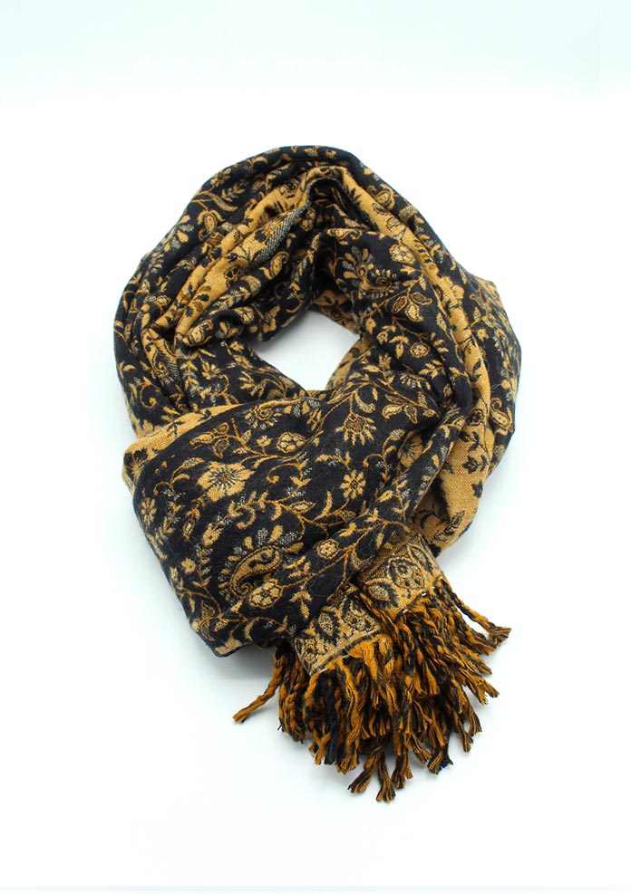Hand Loomed Black Flower Pattern Print Yak Wool Shawl