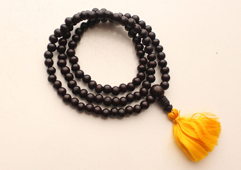 Black Rosewood 8mm Tibetan Prayer Mala Beads with Yellow Tassel - nepacrafts