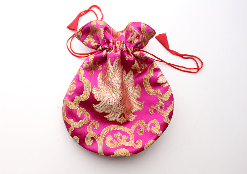 Large Hongkong Silk Drawstring Pouch with Lotus Floral Motifs, Coin Pouch - nepacrafts