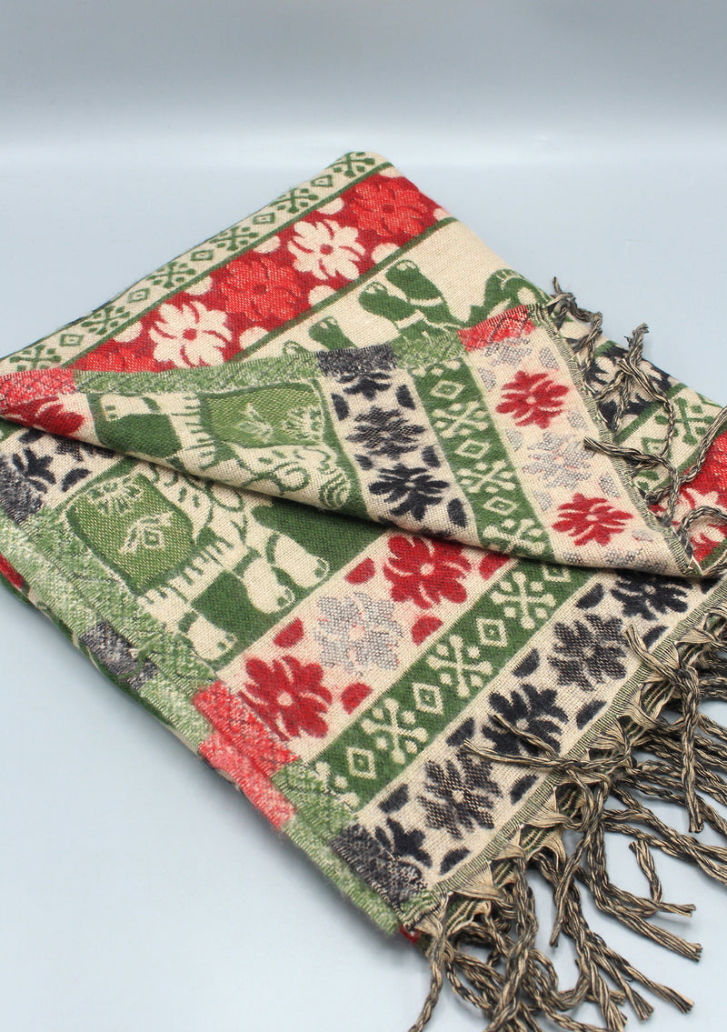 Green Elephant Design Multi Color Yak Wool Shawl