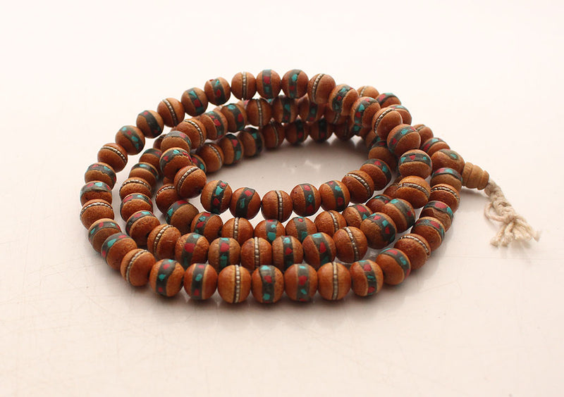 Brown Wooden Inlaid Turquoise and Coral Prayer Mala - nepacrafts