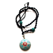 White Metal Round Tibetan OM Pendant with Turquoise Inlays - nepacrafts