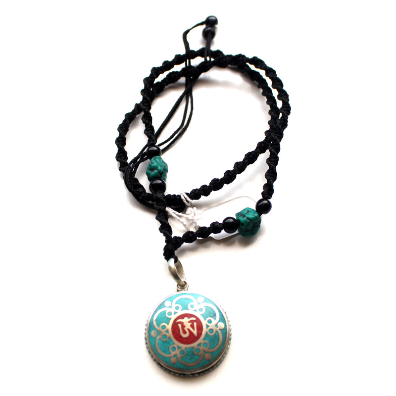White Metal Round Tibetan OM Pendant with Turquoise Inlays - nepacrafts