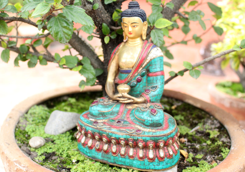 8.5" High Amitabh Buddha Statue Inlaid Turquoise and Coral - nepacrafts