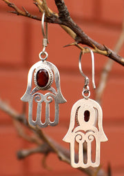 Silver Sterling Hamsa, Hand of Fatima Earrings with Garnet Inlays - nepacrafts