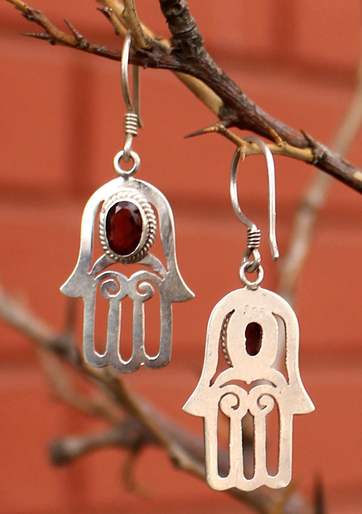 Silver Sterling Hamsa, Hand of Fatima Earrings with Garnet Inlays - nepacrafts