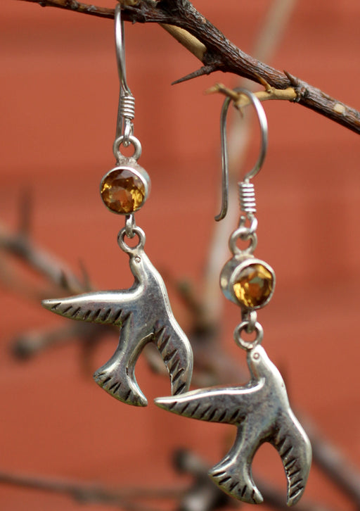 Dove Peace Bird Citrine Inlaid Silver Earrings - nepacrafts