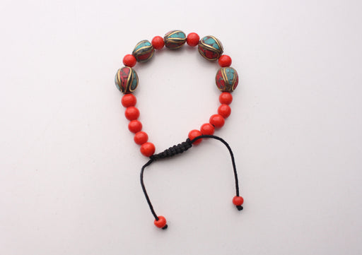 6mm Red Beads Bracelet with Oval Tibetan Beads Inlaid Faux Coral & Turquoise - nepacrafts