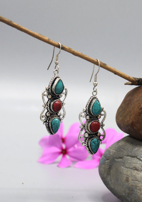 Turquoise Coral Inlaid Traditional Silver Plated Earrings
