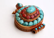 Torquoise & Coral Inlaid Gold Plated Silver Sterling Tibetan Ghau Pendant - nepacrafts
