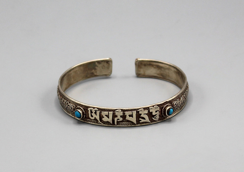 Tibetan Om Mani Carving Sterling Silver Bracelet - nepacrafts