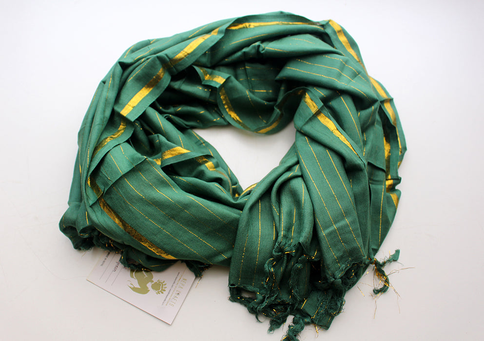 Bright Green Plain Jari Cotton Scarf with Golden Lining - nepacrafts