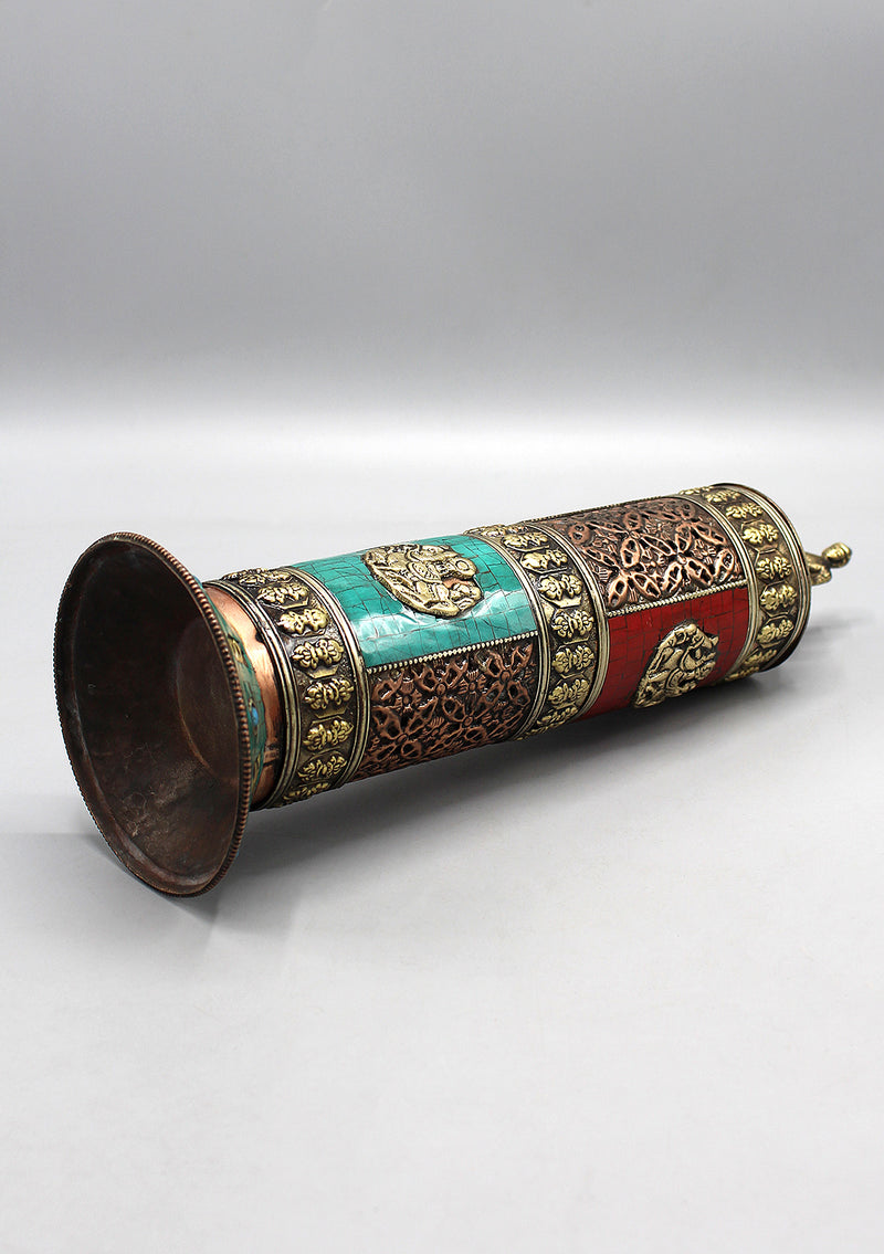 Cylindrical Turquoise and Coral inlaid Copper Incense Holder