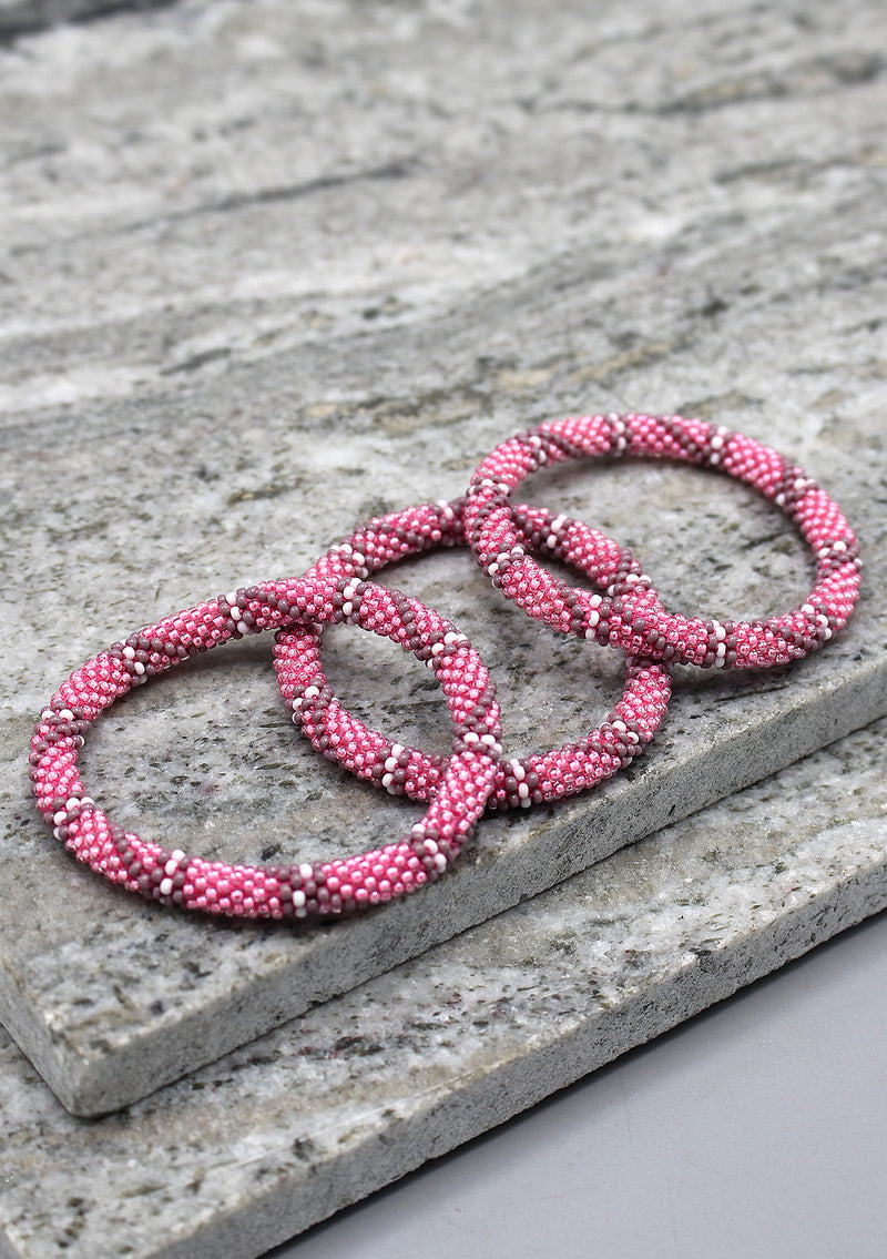 Pink and Diagonal Grey Colors Glass Beads Bracelet