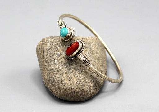 Plain Coral and Turquoise Inlaid Sterling Silver Bracelet - nepacrafts