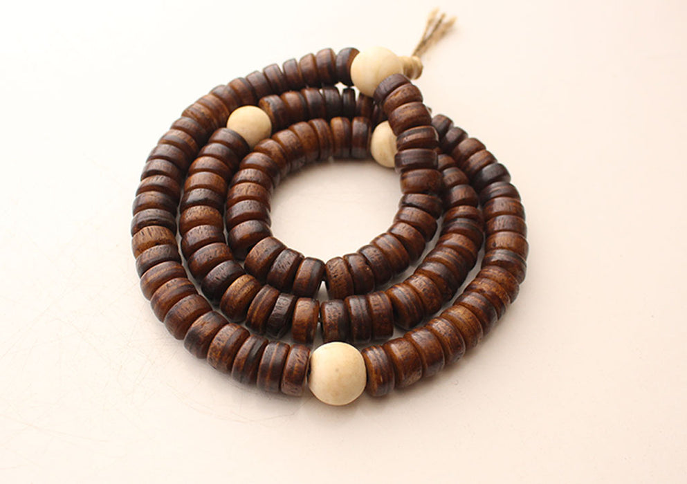 Disk Shaped Brown Yak Bone Japa Mala with White Conch Counter - nepacrafts