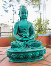 Turquoise Floral Motifs Carved Amitabha Buddha Resin Statue 7 inch High - nepacrafts