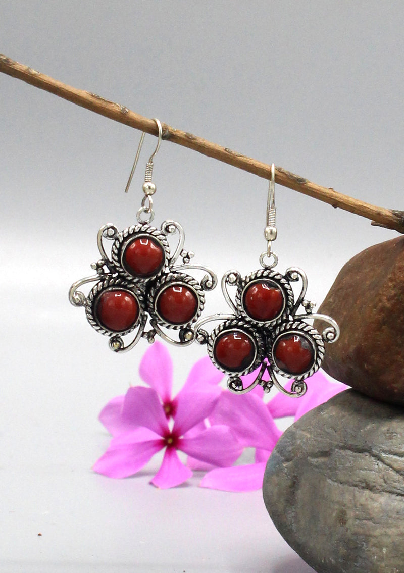 Coral Inlaid Tibetan Floral Silver Plated Earrings