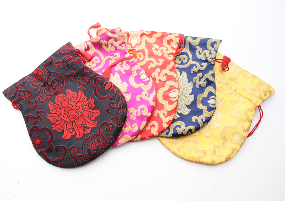 Large Hongkong Silk Drawstring Pouch with Lotus Floral Motifs, Coin Pouch - nepacrafts