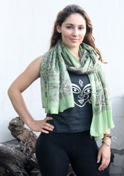 Green Cotton Summer Scarf with Floral Print From Nepal - nepacrafts
