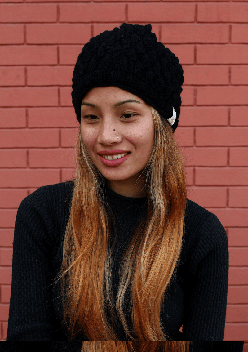 Nepalese Pure Wool Black Sherpa Cap with Inner Fleece
